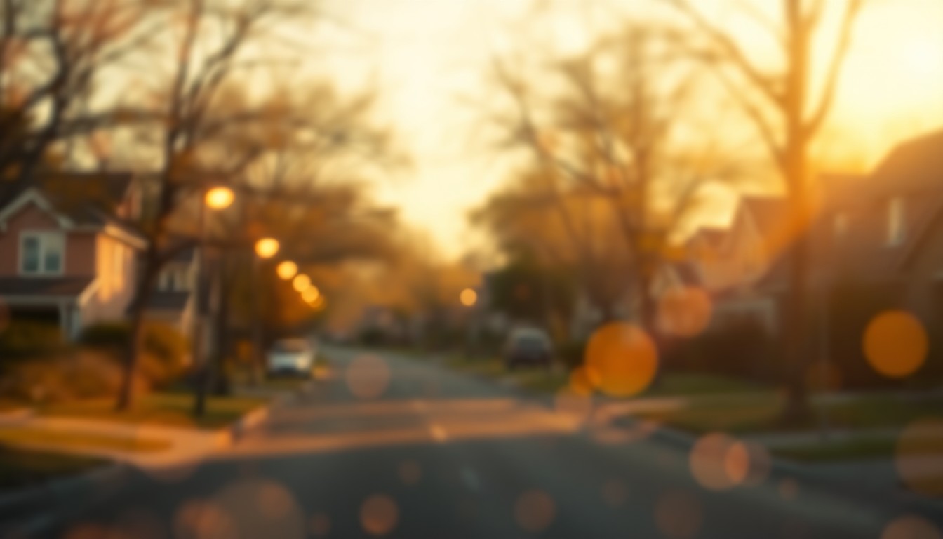 An abstract, impressionistic scene of a suburban neighborhood street, with blurred shapes and pools of warm, golden light, conveying a sense of community and nostalgia.