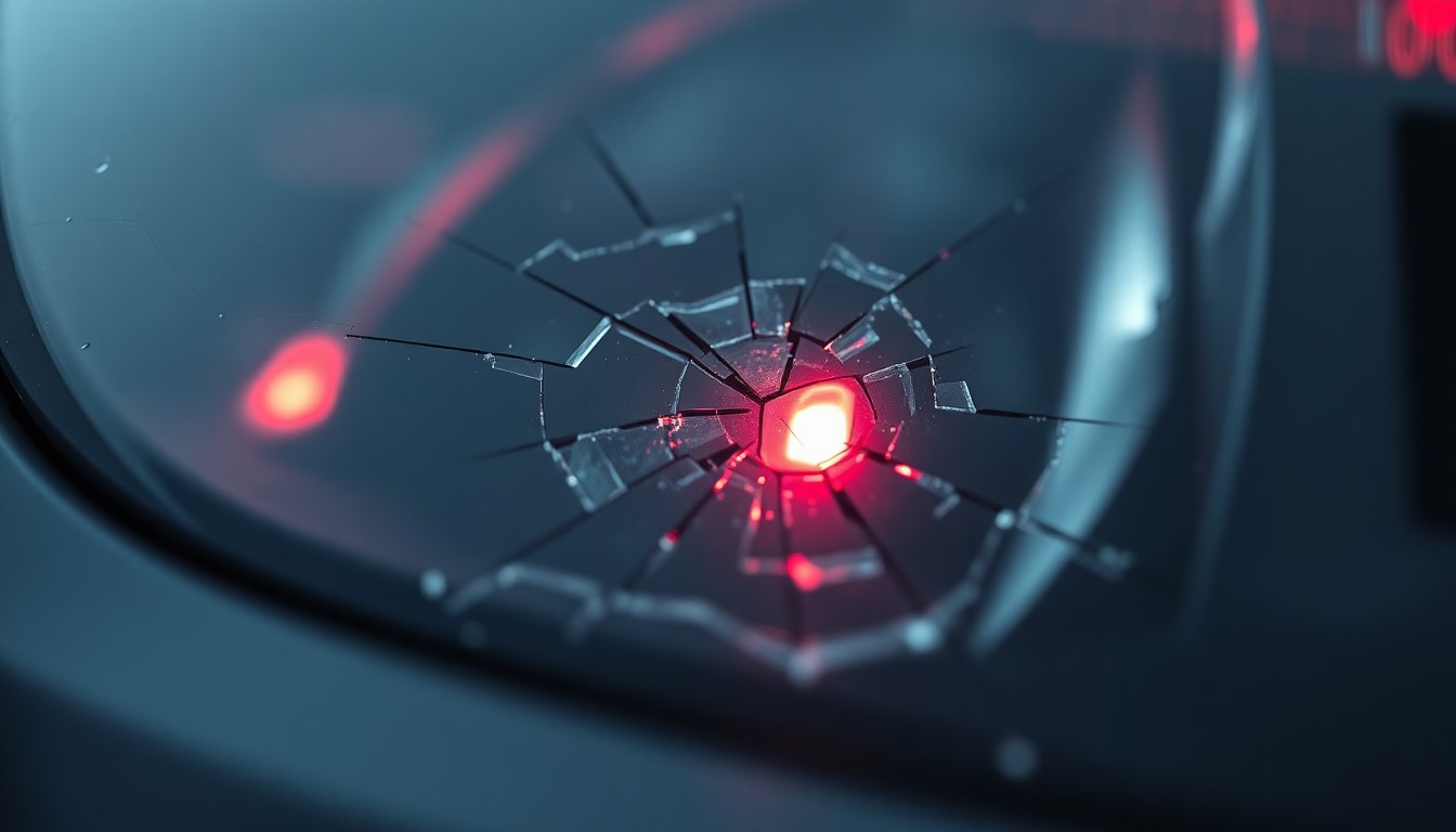 An extreme close-up of a shattered car sensor lens reflecting a faint red light, conceptually illustrating the vandalism of self-driving cars.