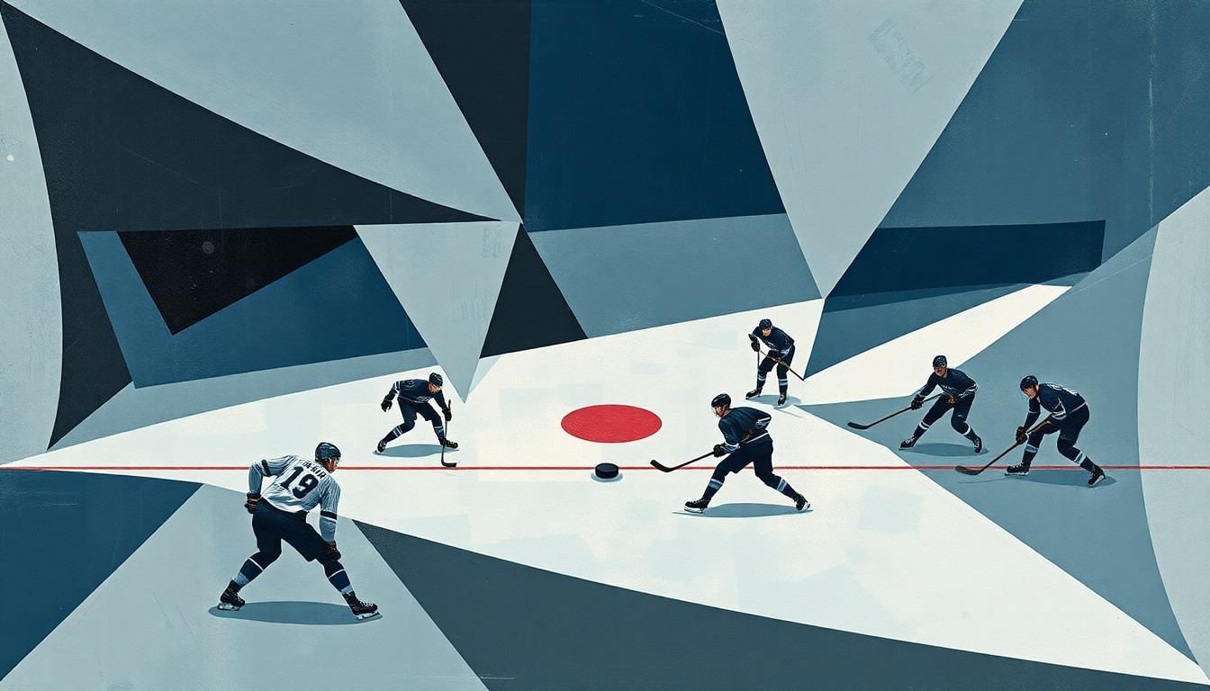An abstract, cubist-style painting depicting a hockey game, with the players and ice broken down into sharp, overlapping geometric shapes in muted blues, grays, and whites, with the puck as a central focal point.