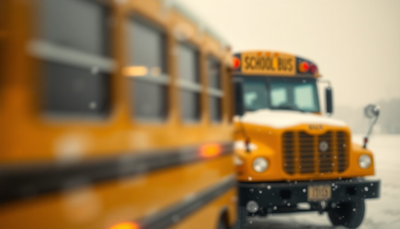 A blurred, out-of-focus scene of a school bus in a snowy, winter landscape, with warm pools of light and color creating a soft, atmospheric mood that evokes the emotional uncertainty and concern surrounding the difficult decision of sending children to school in extreme cold.