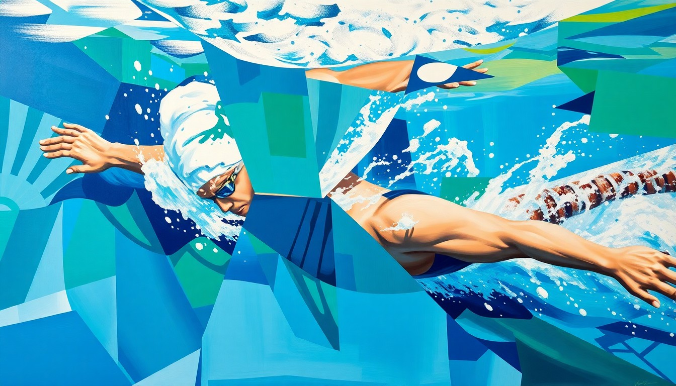A fractured, multi-perspective painting depicting a swimmer's strokes and movements broken down into sharp, overlapping geometric planes in vibrant blues, greens, and whites, conveying the energy and dynamism of the sport.