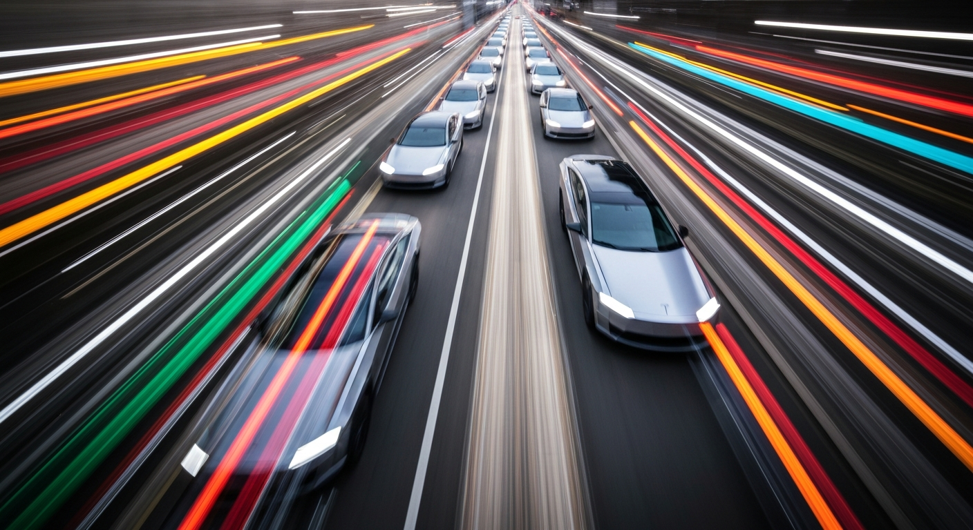 A blurred, abstract image of a fleet of Tesla Cybercabs in motion, conveying a sense of speed, modern engineering, and the future of transportation.