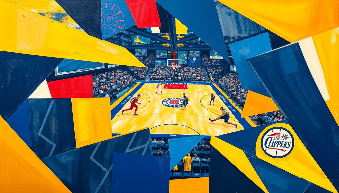 A fractured, multi-perspective painting in vibrant colors of blue, gold, red, and white, breaking down a basketball game into sharp, overlapping geometric planes to conceptually represent the intense on-court action between the Denver Nuggets and Los Angeles Clippers.