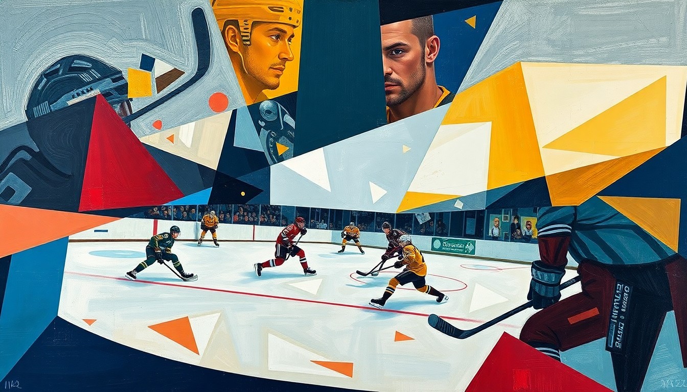 A fragmented, geometric painting depicting the dynamic movements and collisions of a hockey game, with players and the puck reduced to angular, overlapping shapes in a vibrant color palette.