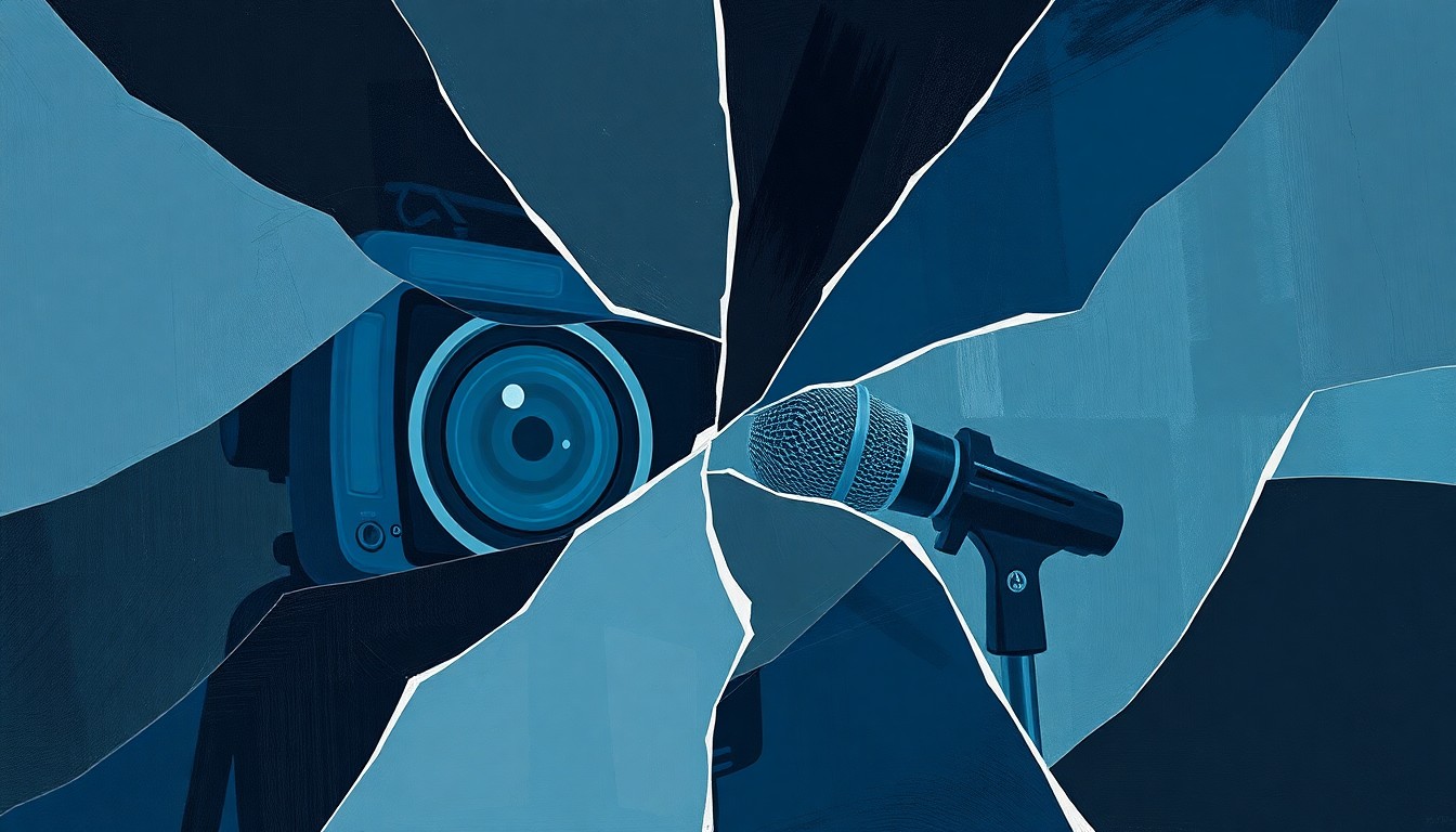 A dynamic, abstract painting in shades of blue and grey, featuring fragmented and overlapping shapes that suggest a journalist's camera and microphone in motion, conveying the sense of tension and conflict surrounding the coverage of a politically charged protest.