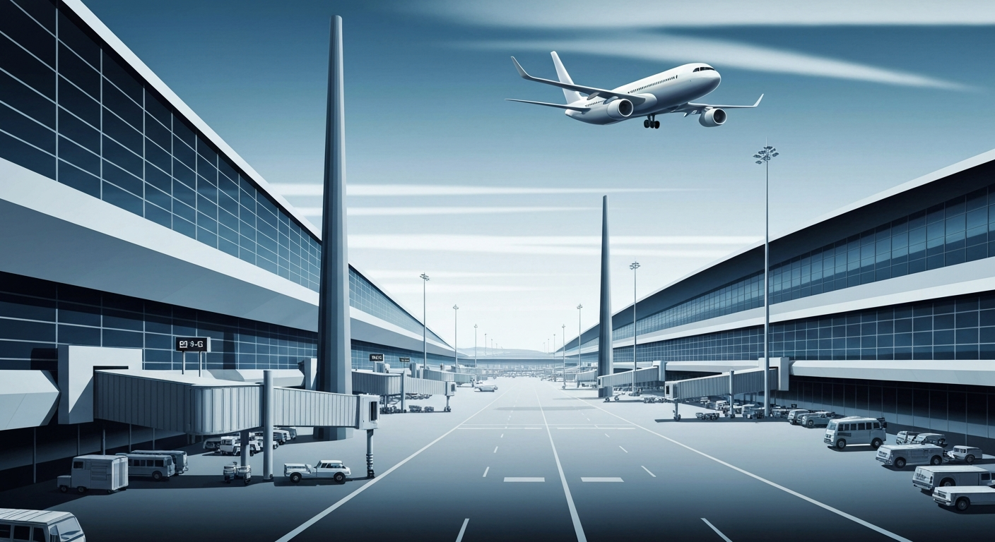 A bold, geometric illustration in shades of blue and grey, depicting the towering, streamlined forms of airport terminals and runways, capturing the disruption and chaos in Australia's air travel industry.