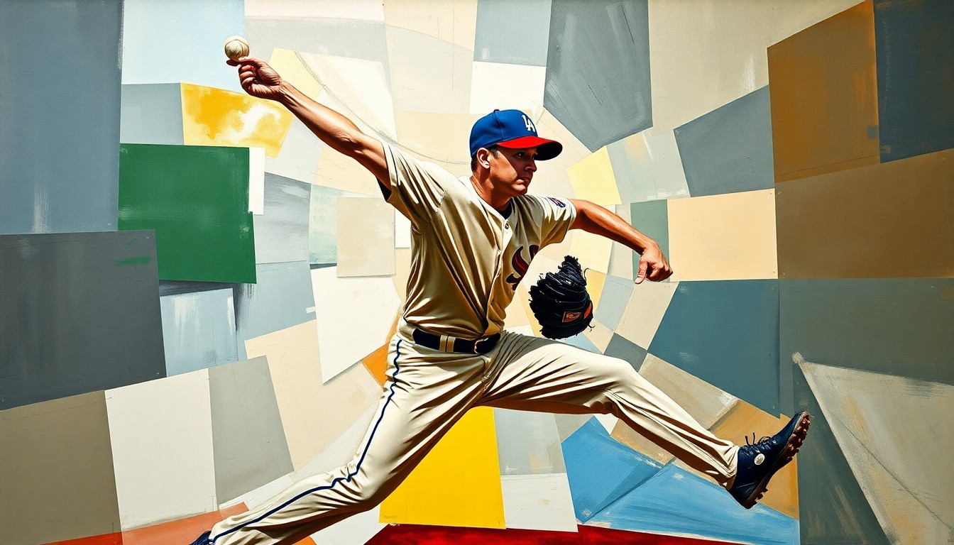 A cubist-style painting depicting a baseball pitcher's throwing motion broken down into sharp, overlapping geometric shapes and planes, conveying the complex and delicate nature of athlete injury management.