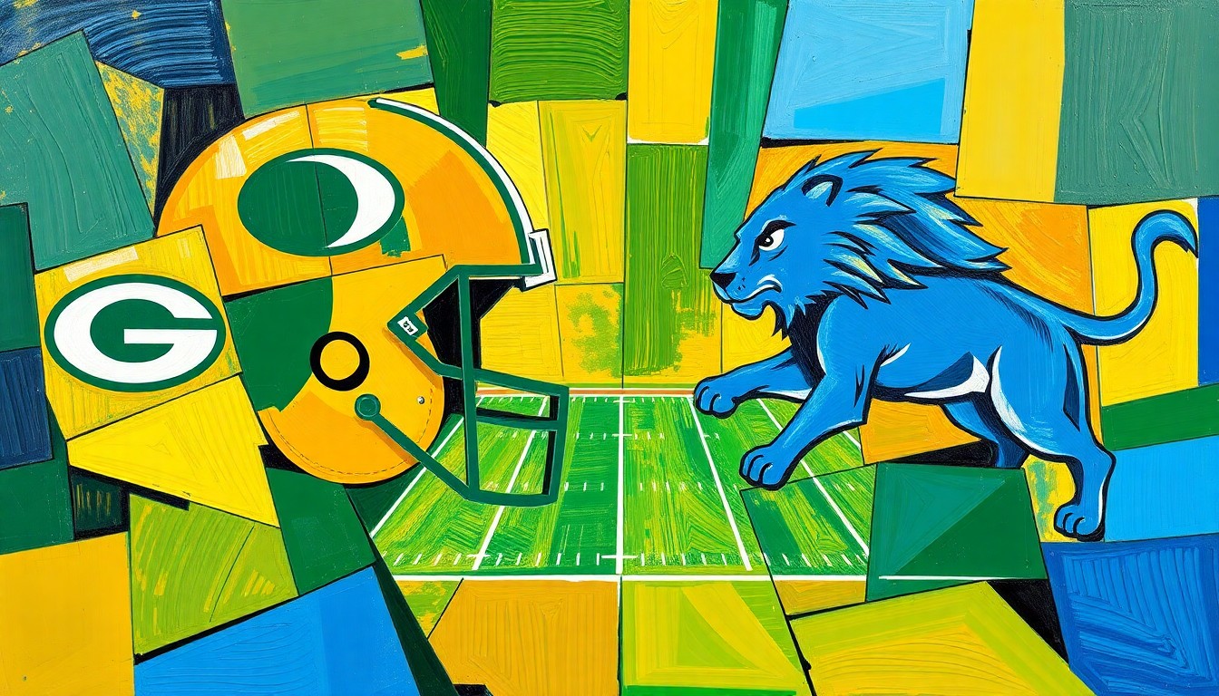 A fractured, multi-perspective painting in the style of Pablo Picasso, breaking a football game down into sharp, overlapping geometric planes in vibrant green, gold, and blue colors, conceptually representing the strategic and individual performances of the Packers and Lions.
