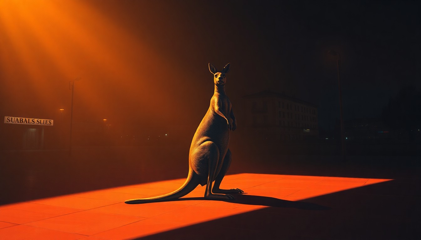 A cinematic painting depicting a solitary kangaroo statue in an urban setting, bathed in warm, diagonal sunlight and deep shadows, conveying a sense of nostalgia and the weight of the community's disappointment with the project's financial burden.