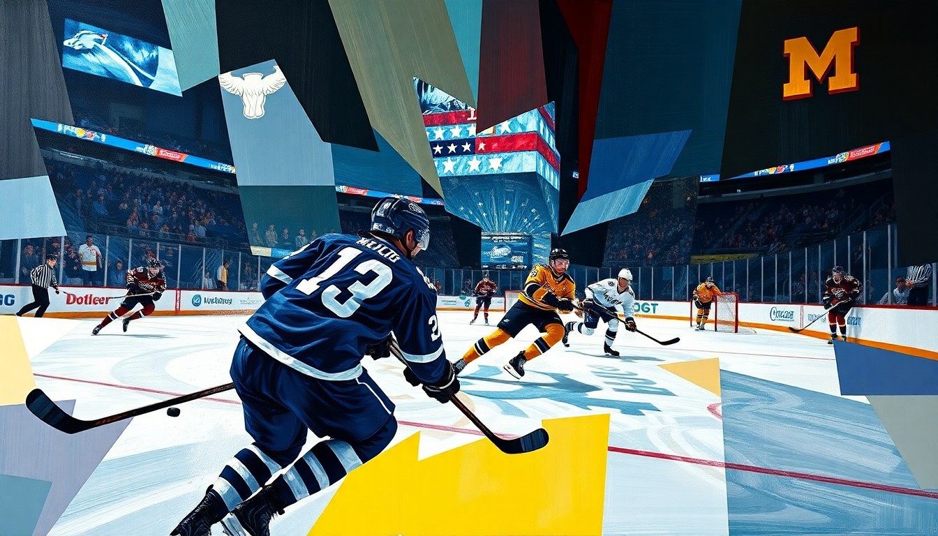 A fragmented, geometric painting depicting the intense hockey action between the two teams, with sharp planes of color and form capturing the energy and drama of the game.
