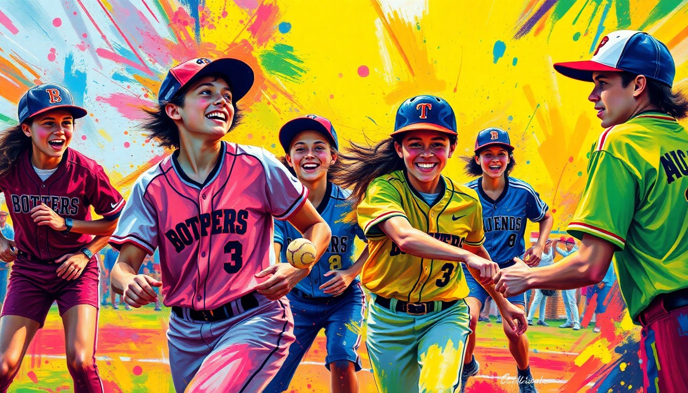 An abstract, expressionist painting in vibrant neon colors, capturing the dynamic motion and energy of a high school softball game, with players' forms dissolving into colorful brushstrokes.