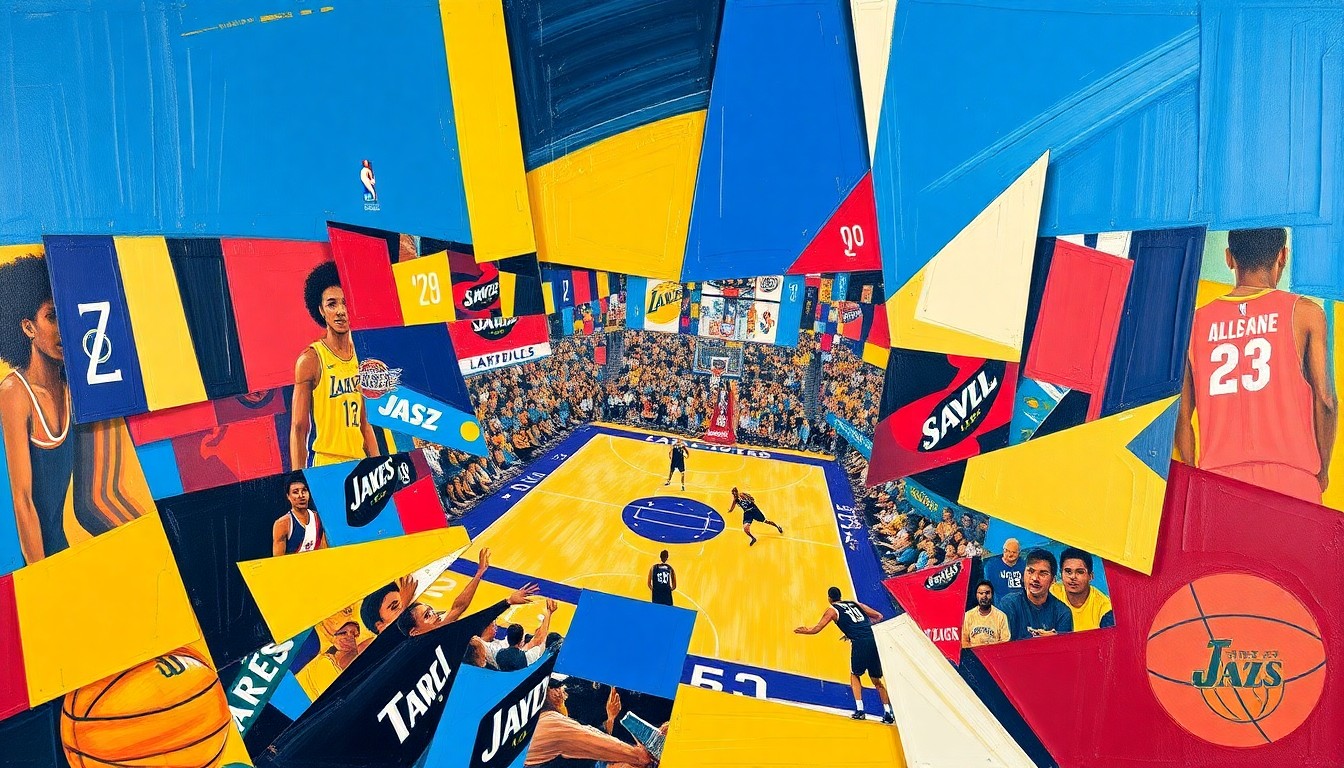 A fragmented, cubist-style painting depicting the action of a basketball game, with players and the court broken down into sharp, overlapping geometric shapes and planes of color.