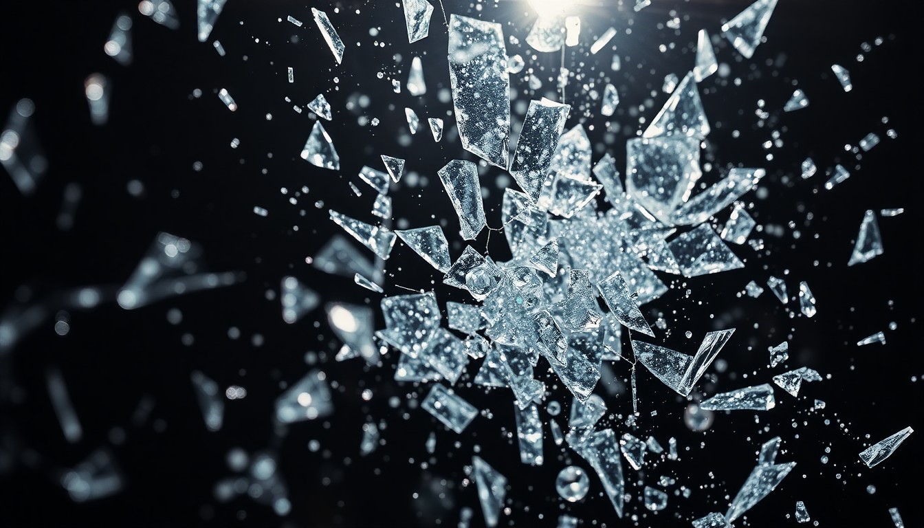 An extreme close-up of shattered glass and glittering shards in dramatic, high-contrast studio lighting, conceptually representing the gritty crime thriller elements of the film.
