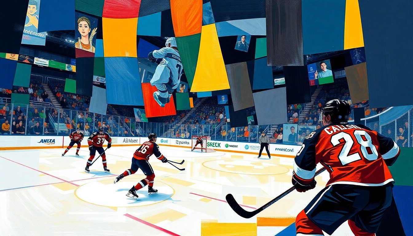 A cubist, geometric painting depicting a hockey player in Anaheim Ducks uniform scoring a goal, with the action broken down into overlapping angular shapes and planes in a vibrant color palette, capturing the energy and drama of the moment.