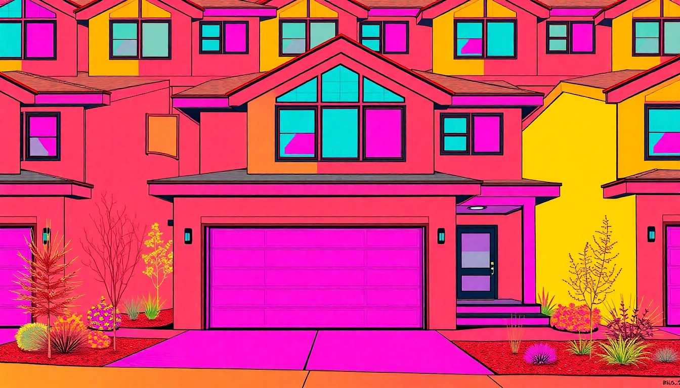 A brightly colored, high-contrast silkscreen print of a modern mountain home exterior with a large garage door, repeated in a tight grid pattern, capturing the hybrid residential-commercial nature of the property in a vibrant pop art style.