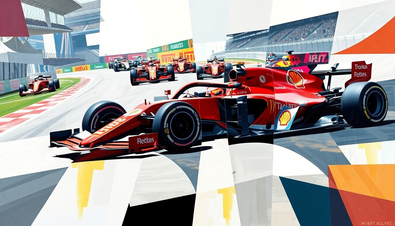 A cubist, geometric painting depicting a fractured, multi-perspective scene of a Formula One race, with the cars and drivers broken down into sharp, overlapping planes of color and form, capturing the raw energy and tension of the sport.