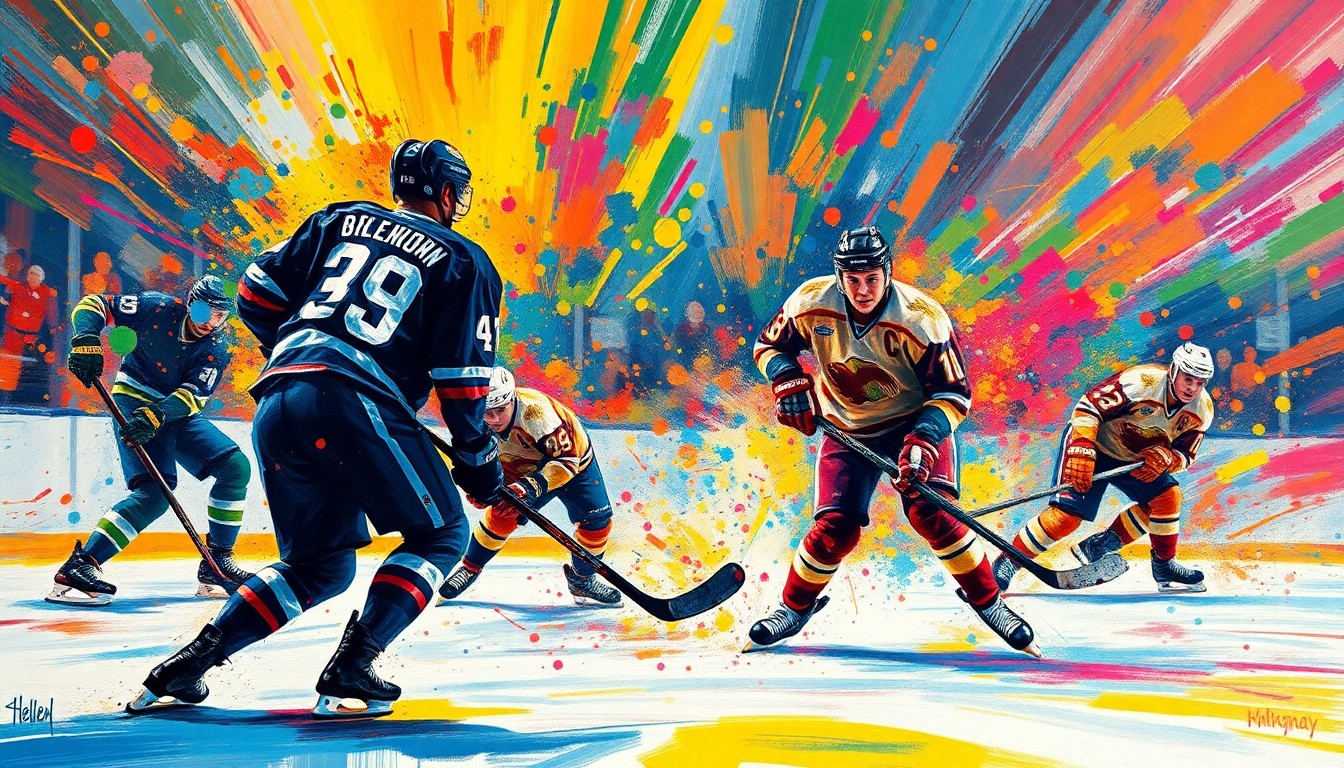 An abstract, expressionist painting in vibrant neon colors, capturing the chaotic energy and intensity of a professional hockey game, with players' figures dissolving into unrecognizable splatters of paint, conceptually representing the Canucks' struggles and the demotion of their star player Pettersson.