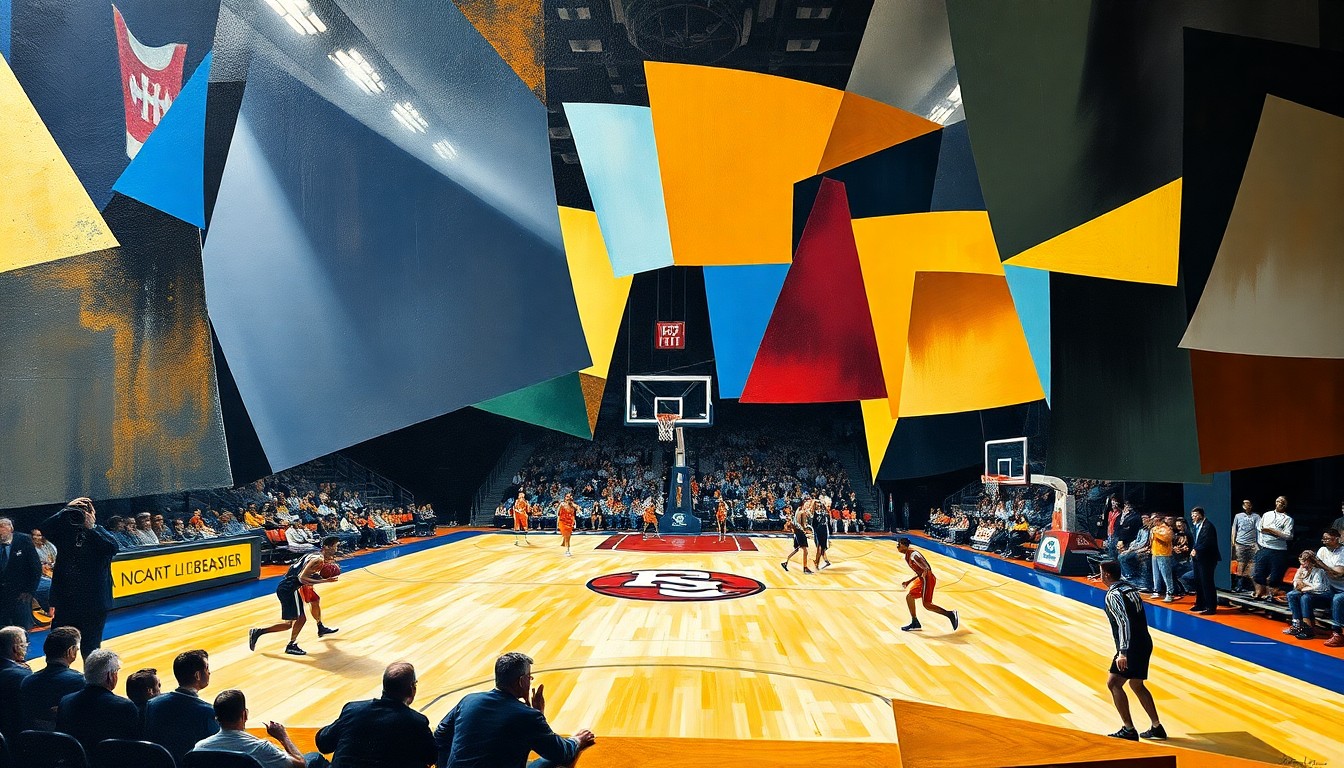 A fragmented, geometric painting depicting a college basketball game, with players and the court represented as abstract shapes and angles, conveying the dynamic energy and competitive spirit of the matchup.