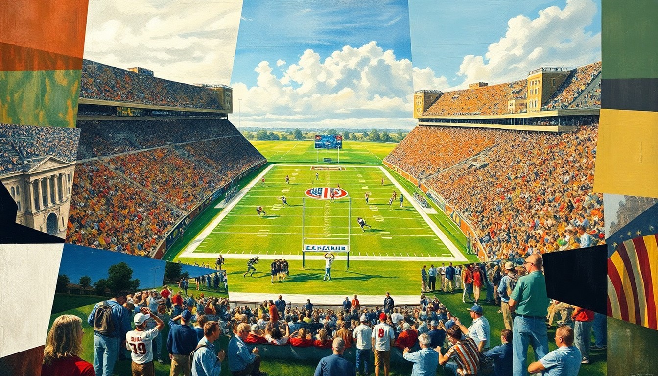 A cubist, geometric painting depicting a fragmented college football game, with players and field elements broken down into sharp, overlapping shapes and planes, conceptually representing the complex issues surrounding Notre Dame's independent status.