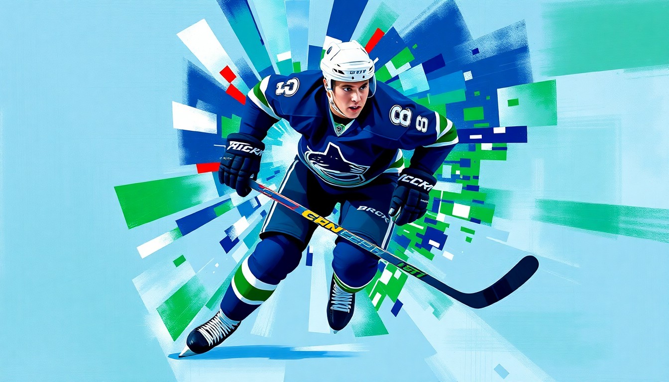 A cubist, geometric painting in navy blue, green, and white, depicting the dynamic movement and energy of a hockey player in an abstract, fragmented style.