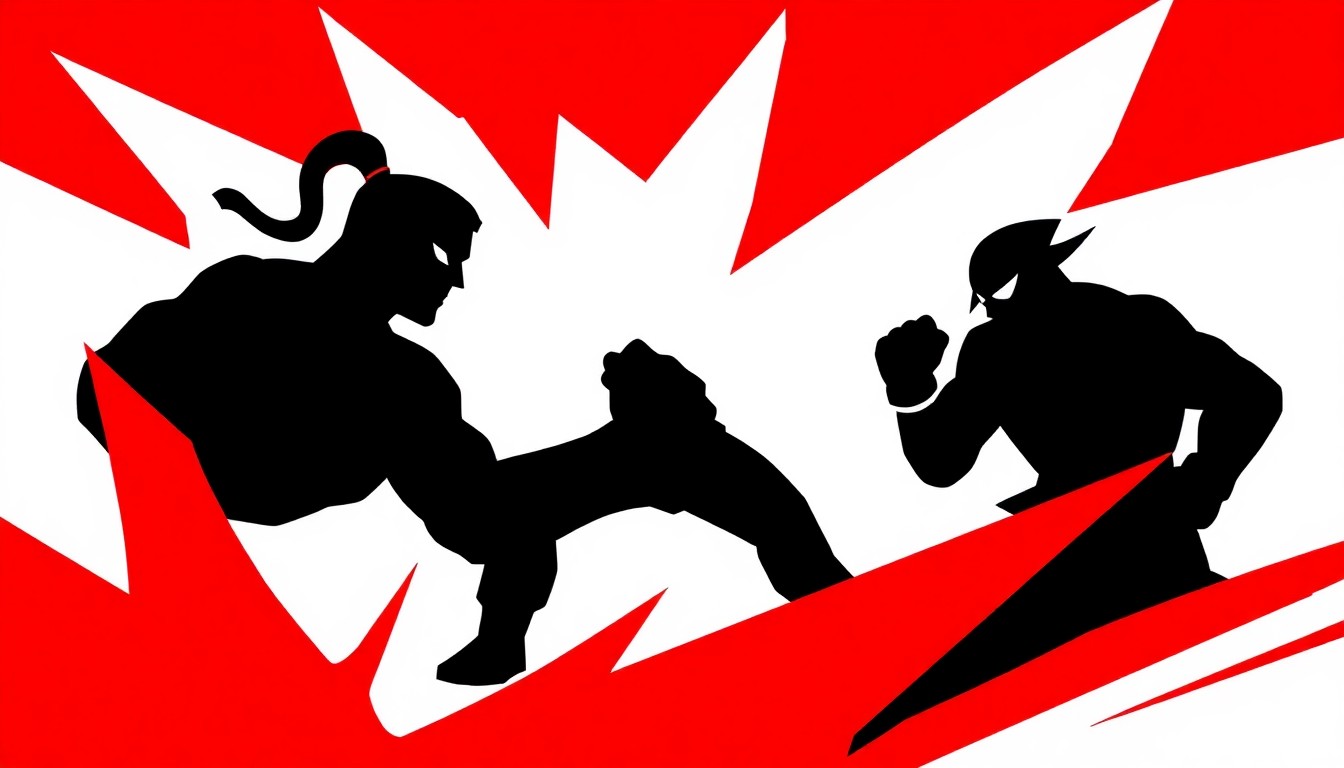 A bold, abstract illustration featuring stark, jagged geometric shapes in high-contrast red and white, conceptually representing the shifting competitive dynamics in the Street Fighter 6 meta.