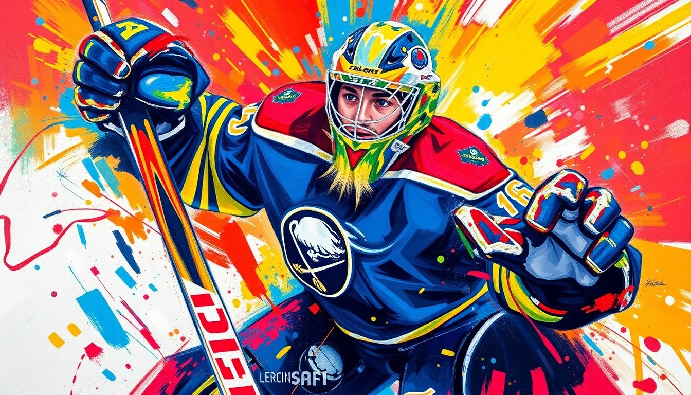 An abstract, expressionist painting in vibrant neon colors depicting the raw energy and movement of a hockey goaltender, with faces and details dissolving into unrecognizable brushstrokes, capturing the essence of Colten Ellis' shutout performance for the Buffalo Sabres.