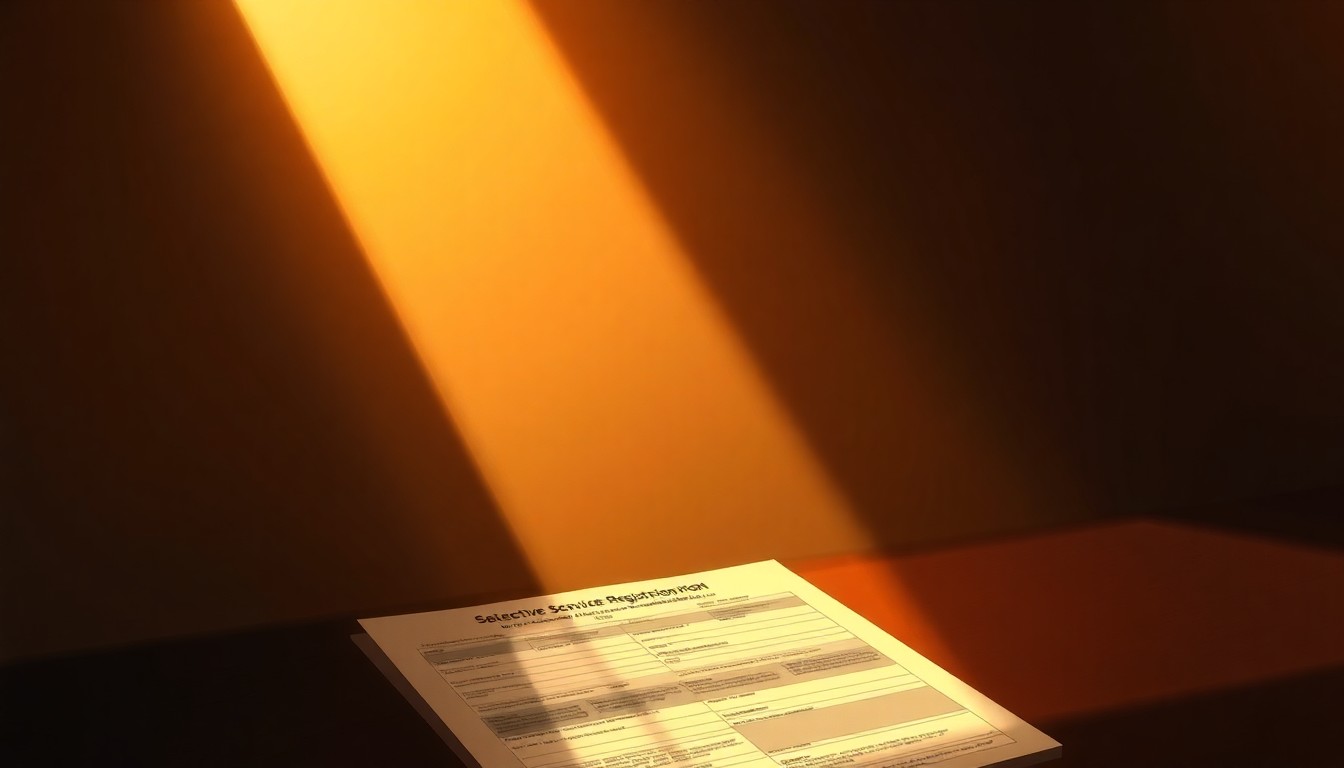 A photorealistic oil painting depicting a solitary Selective Service registration form or document on a desk, with warm sunlight streaming in through a window and casting deep shadows across the surface, conveying a sense of quiet contemplation and administrative process.