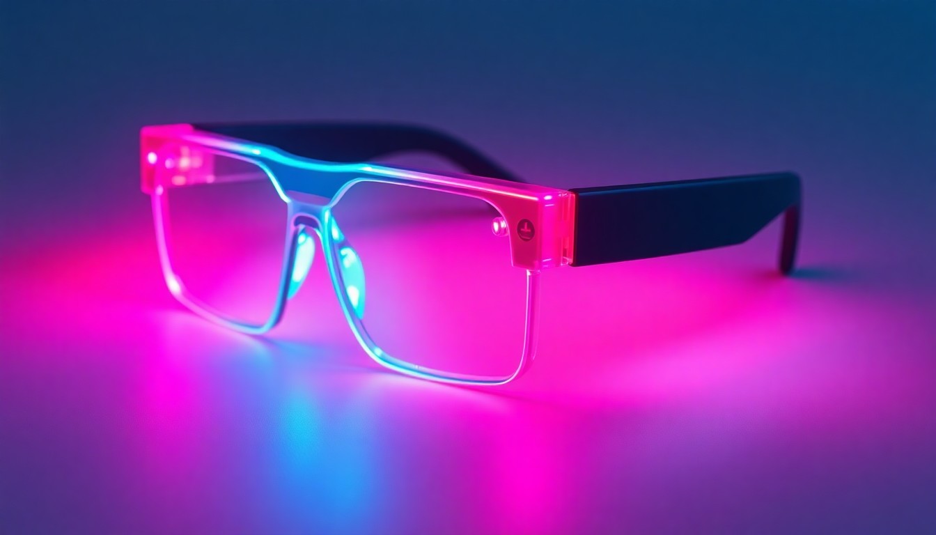 A highly detailed, glowing 3D illustration of a pair of smart glasses with illuminated neon cyan and magenta lights, representing the innovative and customizable nature of Mentra's open-source wearable tech platform.
