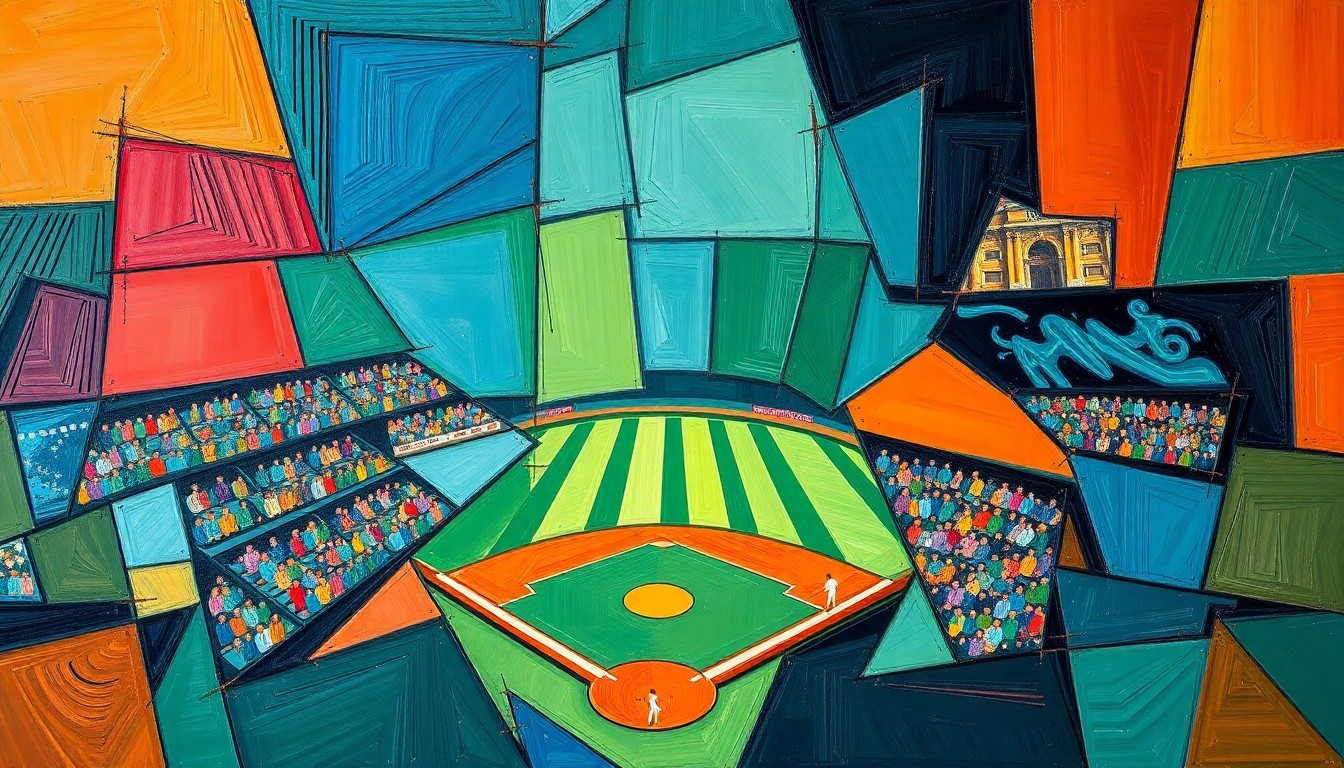 A cubist-style painting featuring overlapping geometric shapes and planes in navy blue, forest green, and burnt orange, conceptually representing the complex roster dynamics and challenges facing the Chicago Cubs.