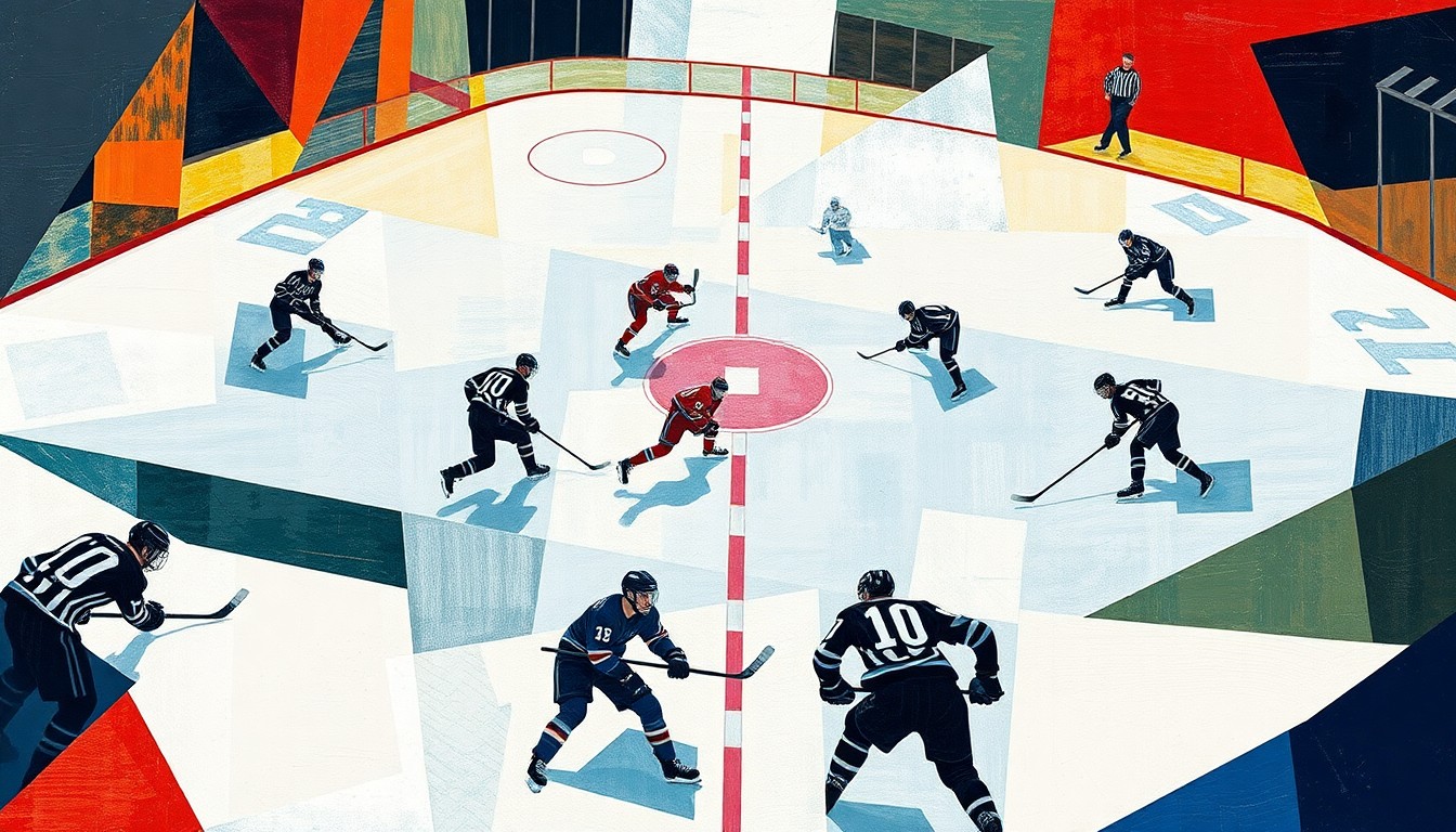 A cubist, geometric painting depicting a hockey game, with the players and ice deconstructed into abstract shapes and planes of color, capturing the dynamic energy and movement of the sport.