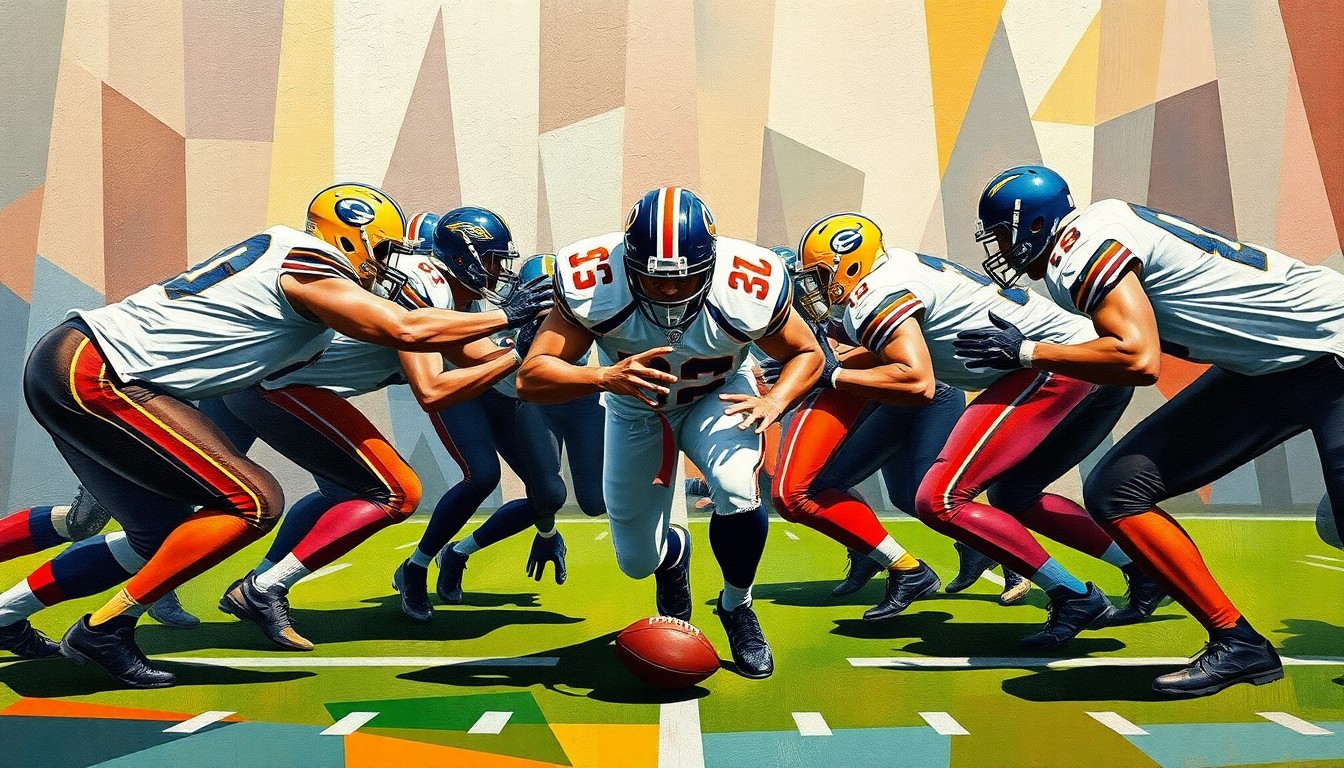 A fragmented, geometric painting depicting an offensive line in action, with players' bodies broken down into angular, colorful shapes that convey the raw power and strategic nature of football's battle in the trenches.