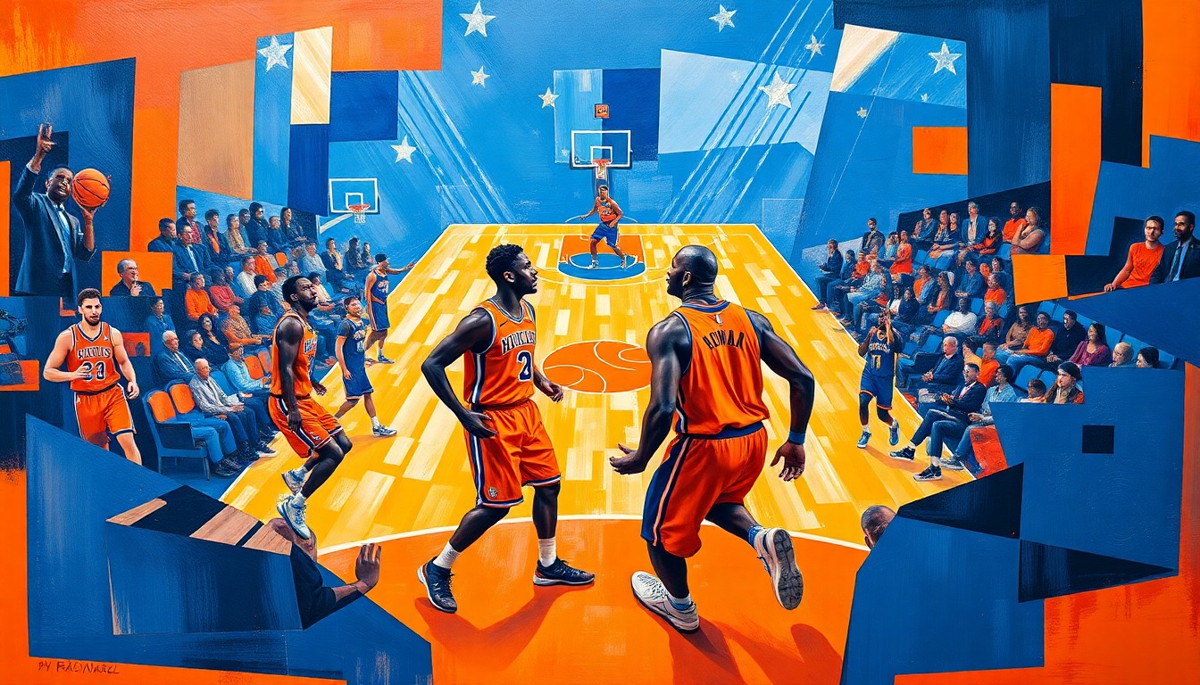 A fractured, geometric painting depicting a basketball game or match, with the players and court deconstructed into sharp, overlapping planes of vibrant blue, orange, and other colors, representing the contrasting styles and perspectives of Shaquille O'Neal and Karl-Anthony Towns.