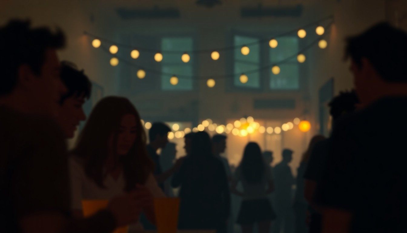 An extremely abstracted, out-of-focus photograph of a dimly lit college social house interior, with blurred silhouettes of students socializing and the faint glow of string lights, conveying a cozy, nostalgic mood.