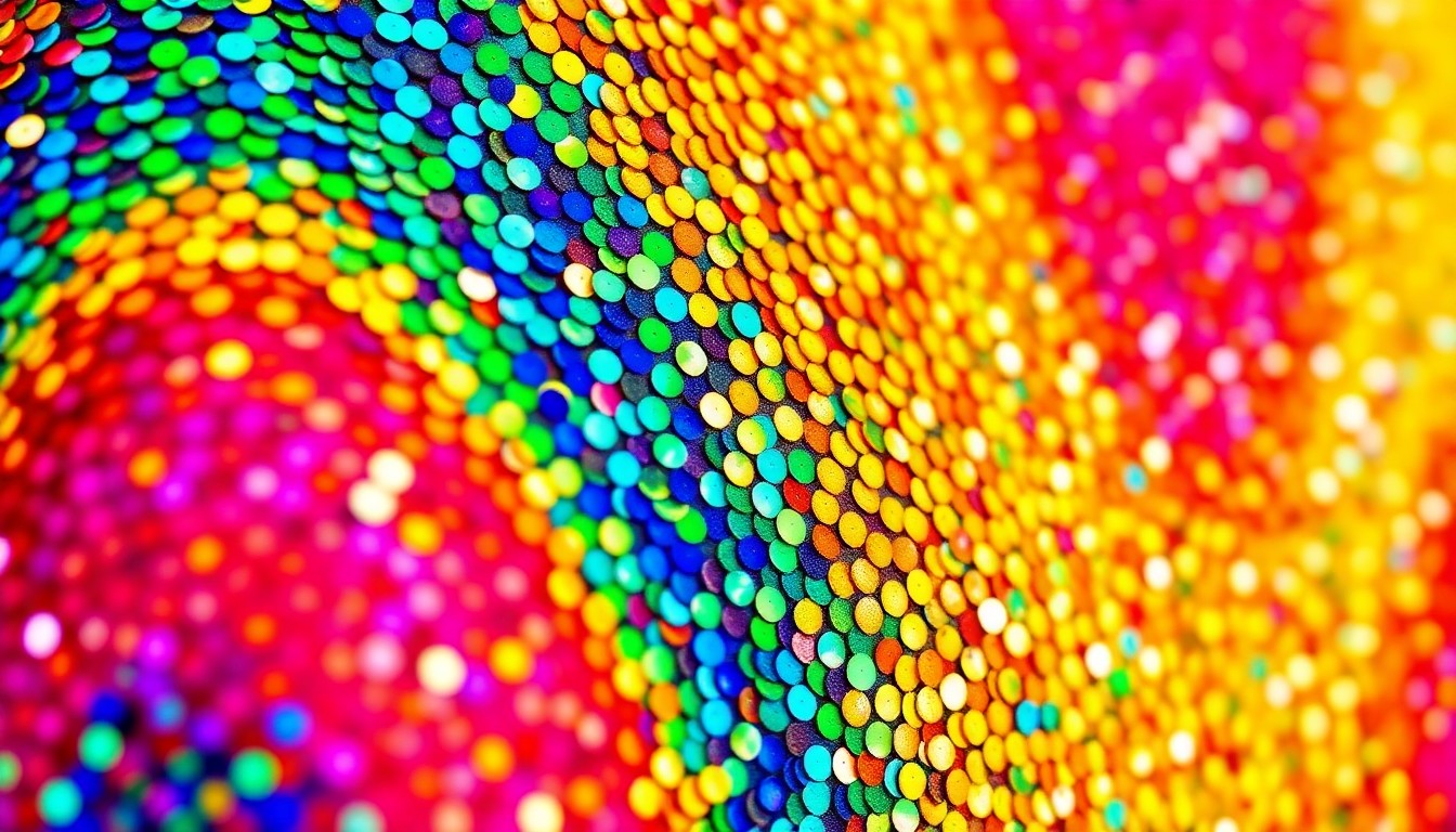An extreme close-up of a textured fabric in a rainbow of colors, including bright reds, greens, and blues, capturing the celebratory mood of a community festival.