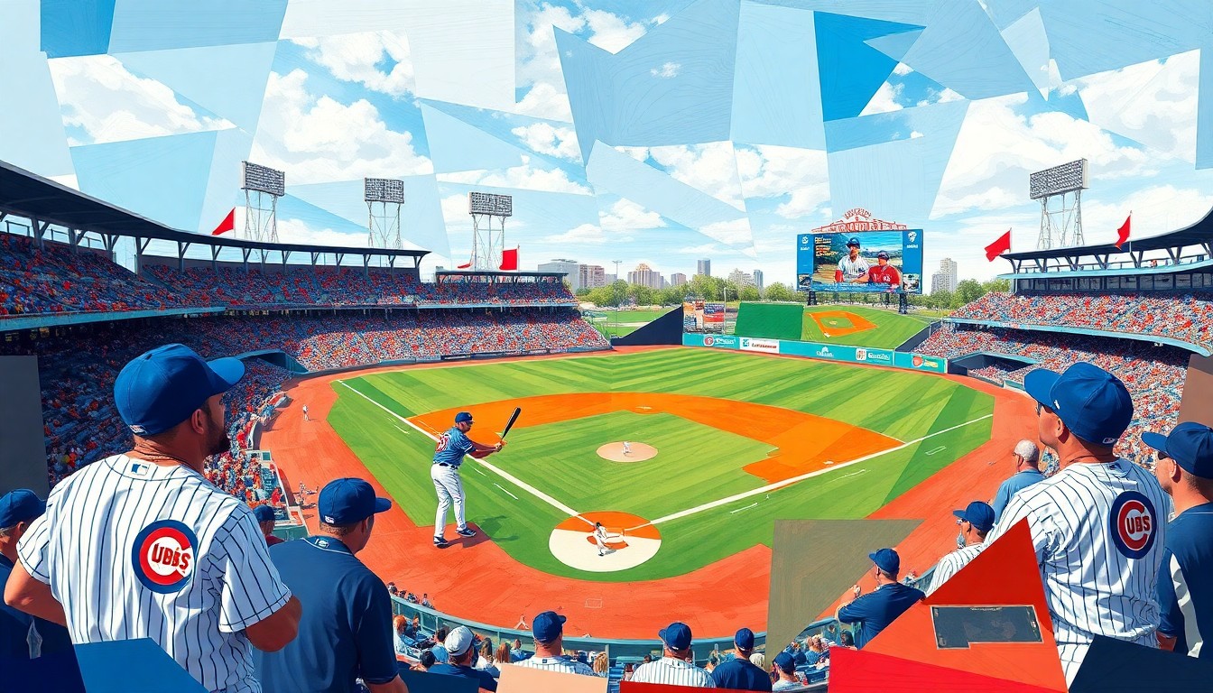 A cubist, geometric painting depicting a fractured, multi-perspective view of a Cubs spring training game, with vibrant colors and sharp, overlapping planes representing the energy and talent of the team's young prospects.