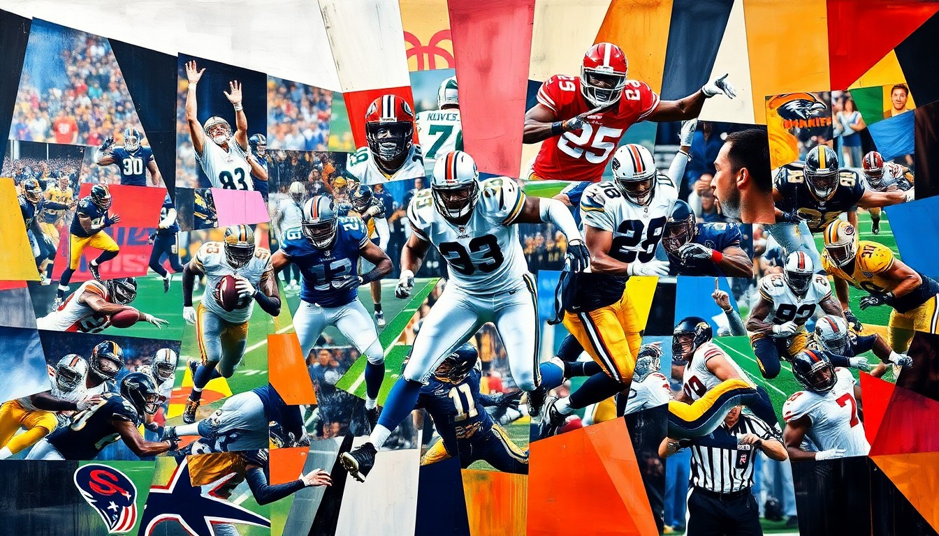 A cubist-style painting depicting fragmented and overlapping geometric shapes representing NFL players, teams, and game action, conveying the strategic shifts in the league's power dynamics.