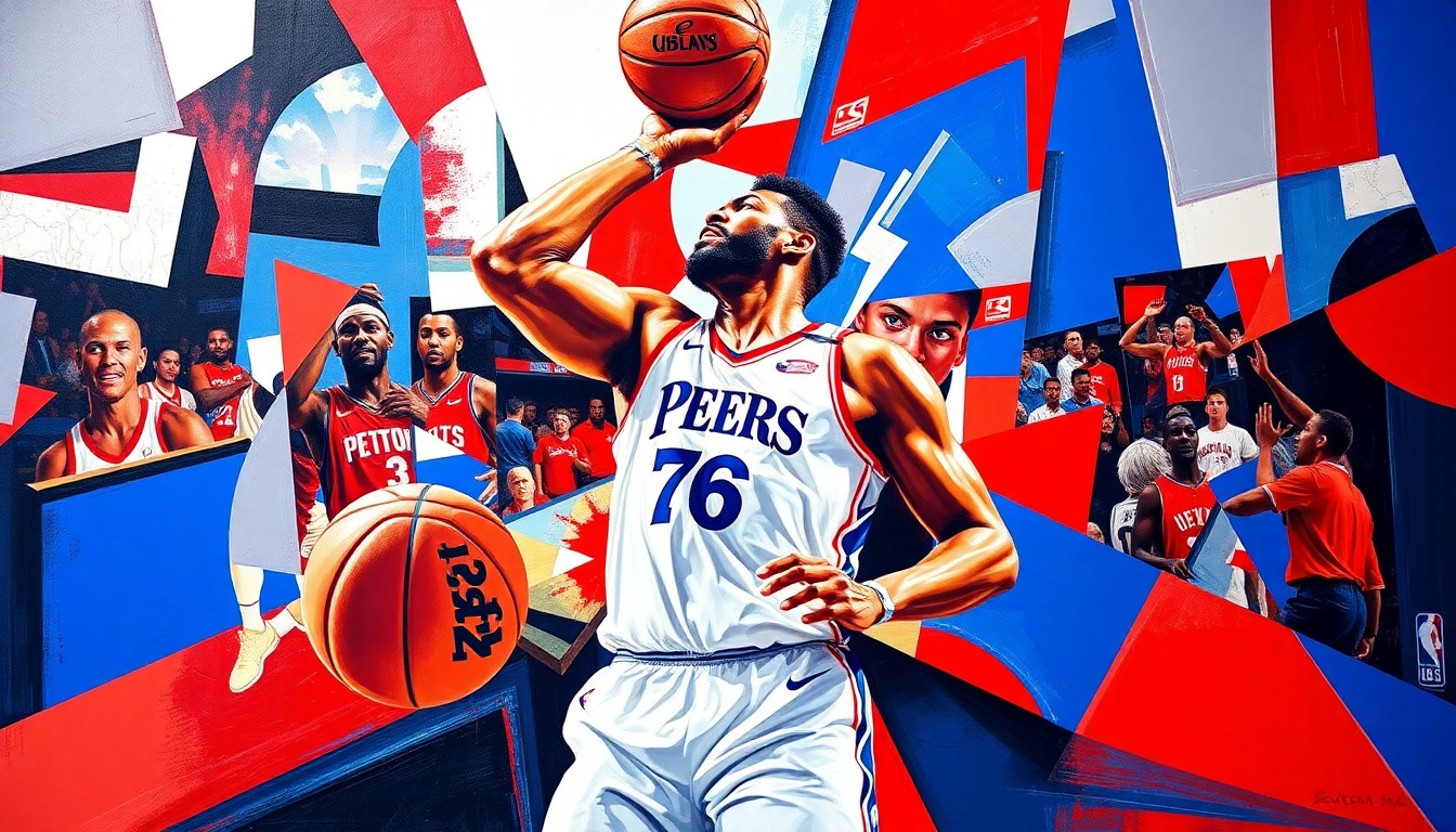 A cubist, geometric painting depicting a basketball game or match, with overlapping planes of deep red, royal blue, and bright white colors representing the 76ers team. The image captures the dynamic energy and movement of the sport, but in a fragmented, abstract style that reflects the complex emotions and challenges surrounding the end of Joel Embiid's era with the franchise.