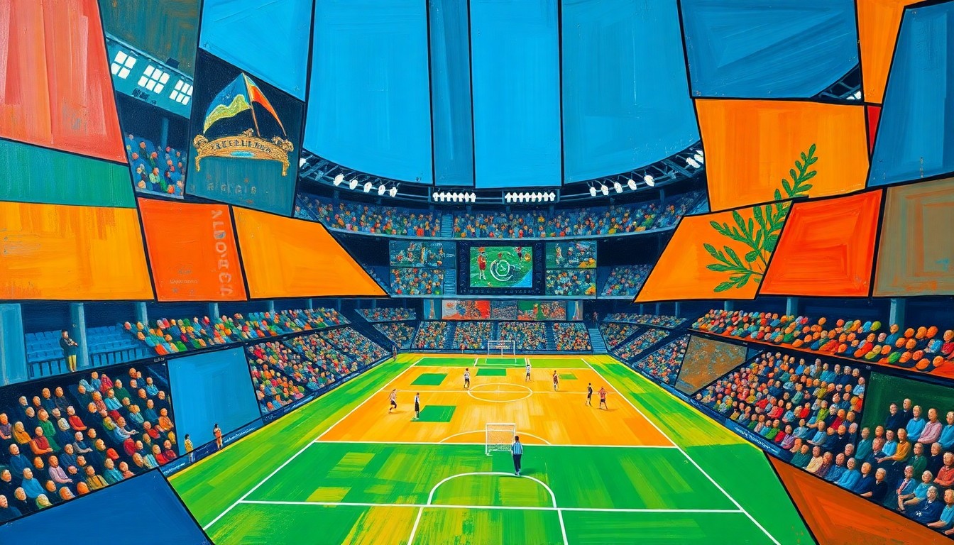 A cubist, geometric painting depicting a fragmented sports game or match, with sharp, overlapping planes of vibrant blue, orange, and green colors, conceptually representing the technical issues plaguing the Gotham Sports App.