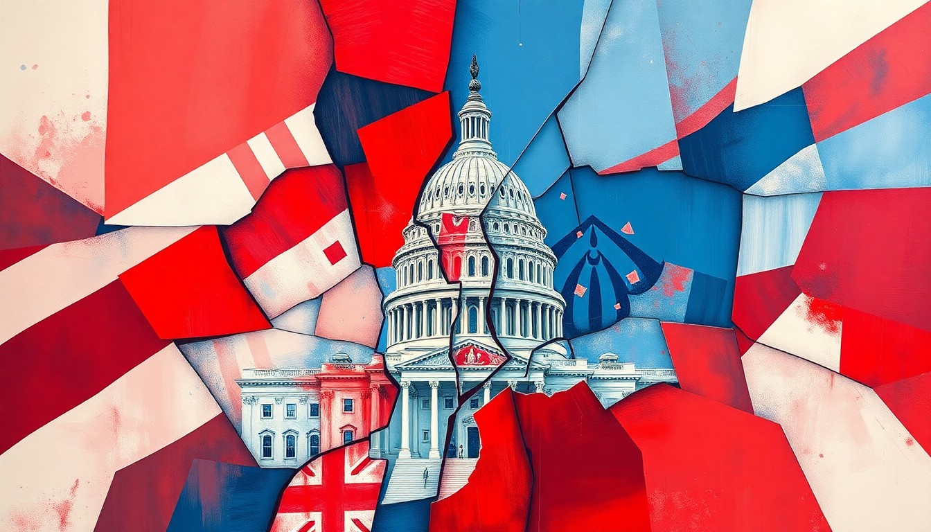 A highly stylized, abstract painting featuring overlapping, fractured geometric shapes in shades of red, white, and blue, conceptually representing the political turmoil and uncertainty surrounding the future of healthcare policy in the United States.