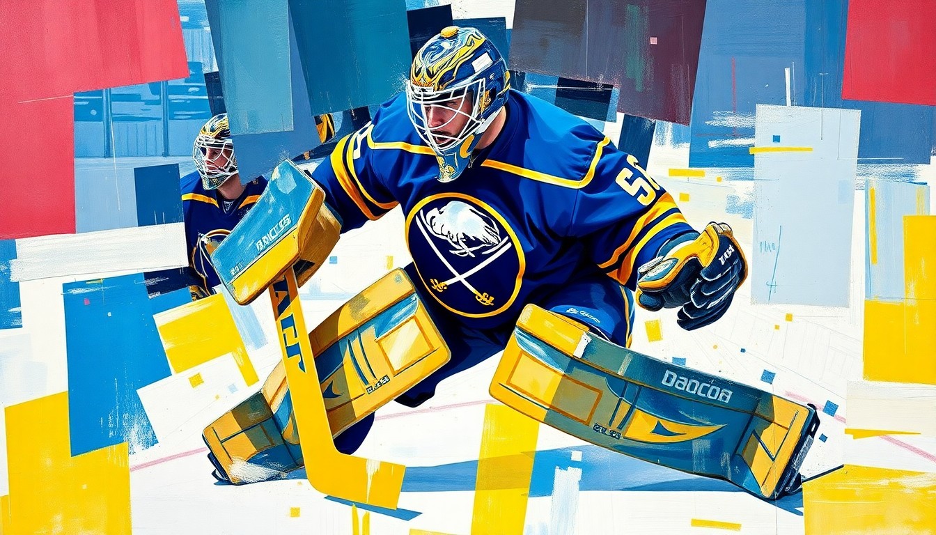 A cubist, geometric painting depicting a hockey goalie's movements and actions, with sharp, overlapping planes in the Sabres' blue and gold colors, conceptually representing the team's need to adapt to the potential loss of their starting netminder.