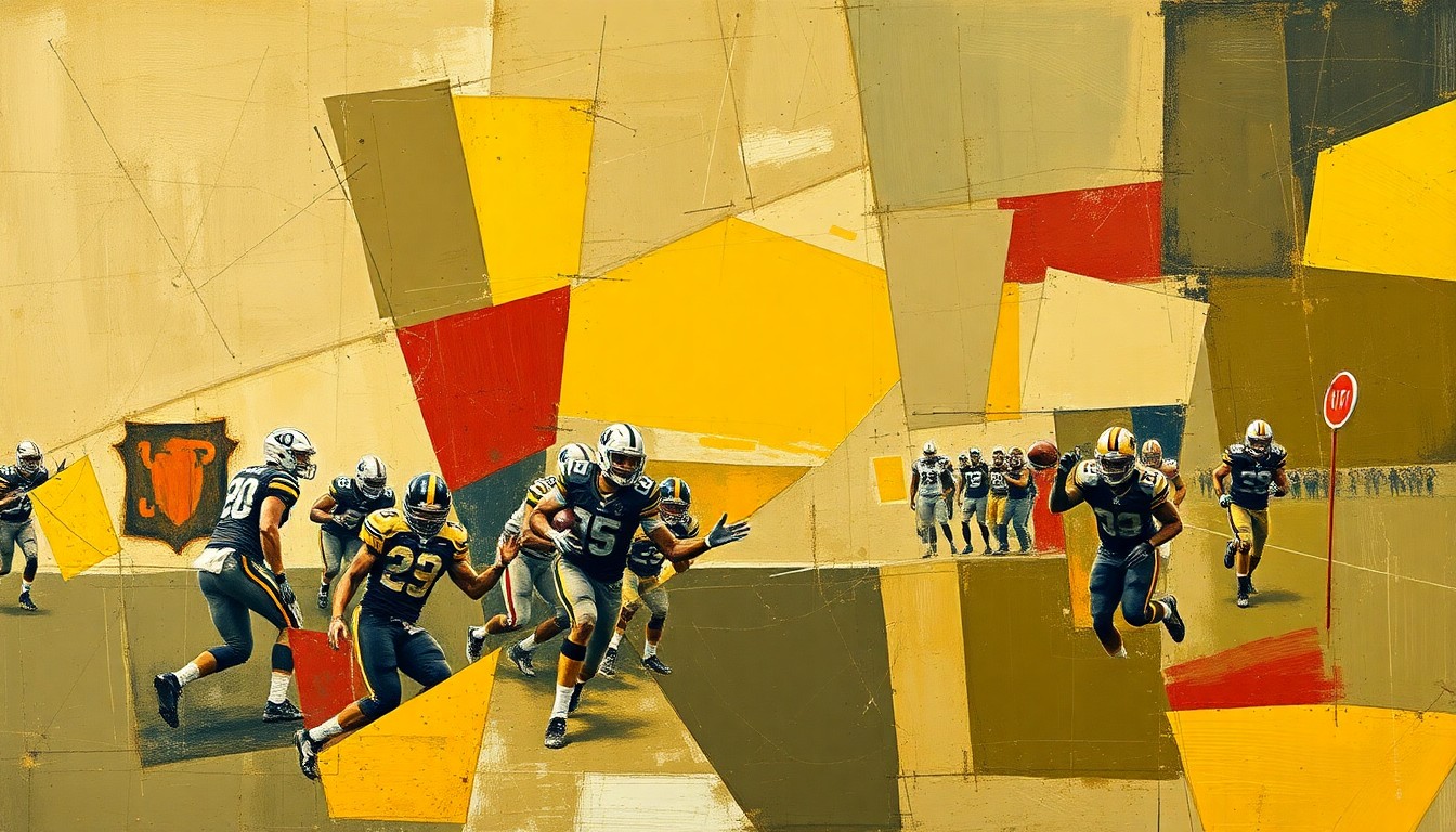 A fragmented, cubist-style painting depicting the evaluation of a football player, with overlapping geometric shapes and planes in muted earth tones, conceptually representing the multifaceted nature of the Bengals' draft decisions.