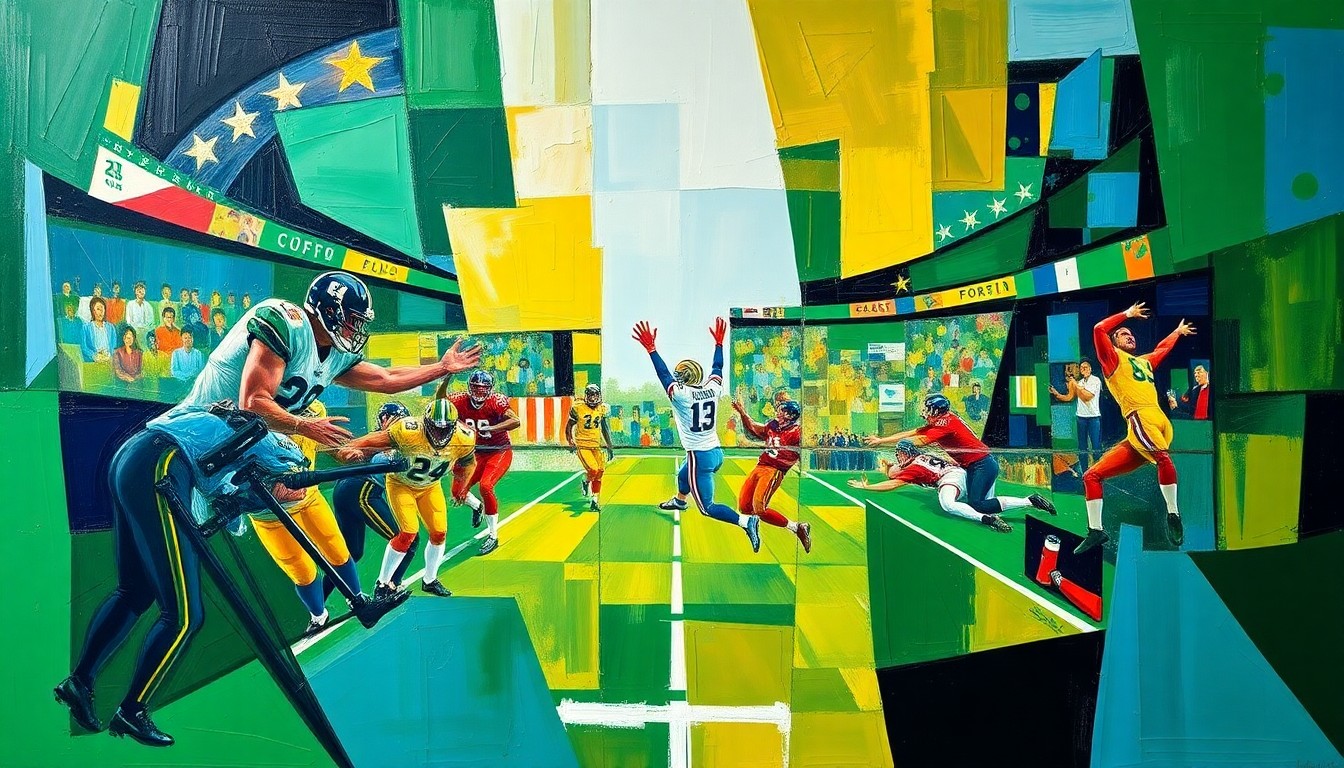 A fractured, geometric painting depicting a football player in motion, with sharp planes of color and overlapping perspectives, conveying the conceptual themes of wealth, gift-giving, and public scrutiny in professional sports.