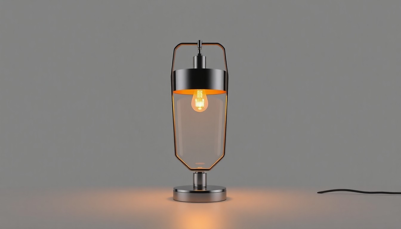 A high-end, photorealistic studio still-life photograph featuring a polished, geometric desk lamp with a warm, amber-toned light source, placed on a clean, monochromatic seamless background in shades of gray, conceptually representing the professional and refined nature of Maria Bartiromo's journalism.