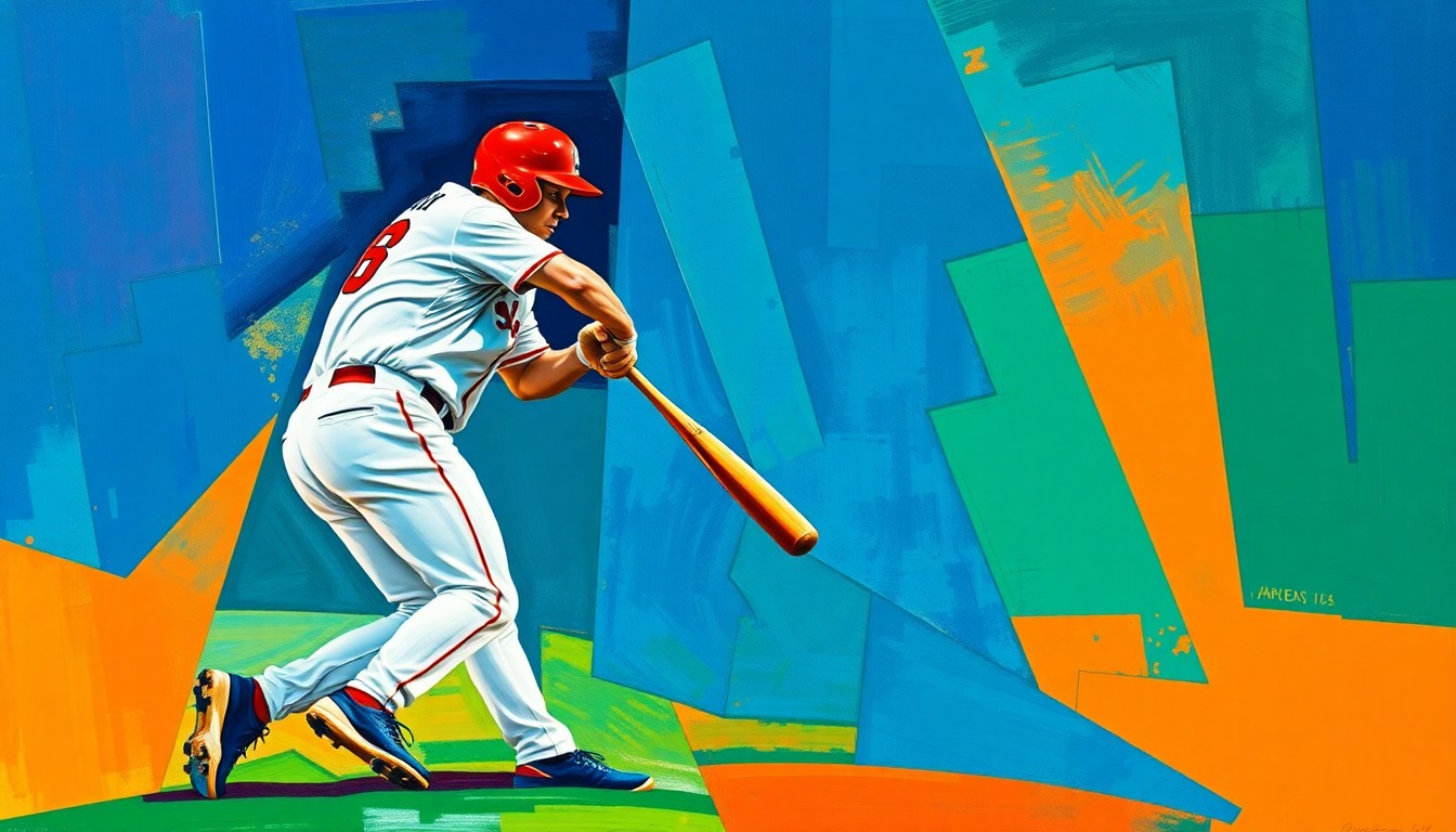 A fractured, geometric painting depicting a baseball player's swing or fielding action, with sharp, overlapping planes of vibrant colors like deep blue, bright orange, and emerald green, conveying the physical intensity and unpredictability of the sport.
