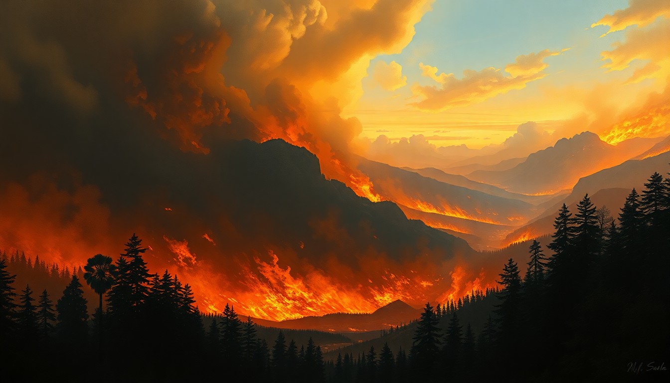 A sweeping, atmospheric landscape painting in muted tones, depicting a distant wildfire raging across a vast, natural expanse, with the silhouettes of trees or buildings dwarfed by the overwhelming scale of the disaster.