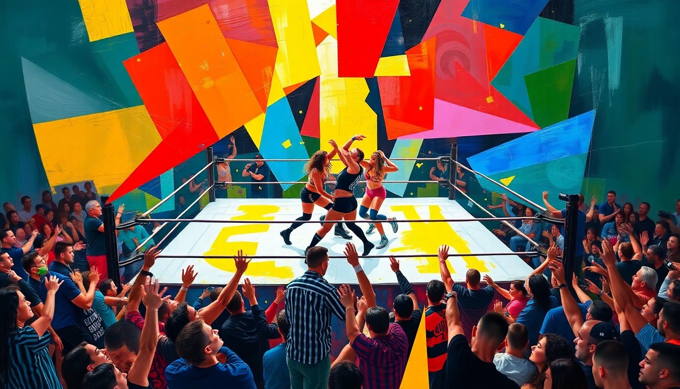 A fractured, cubist-style painting depicting a chaotic wrestling match, with the NXT Women's Champion and her challenger surrounded by the members of the villainous faction Fatal Influence, their bodies and the wrestling ring broken down into sharp, overlapping geometric planes in a vibrant color palette.
