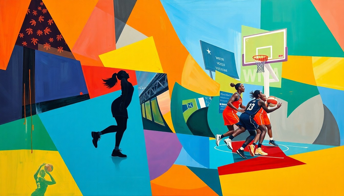 A cubist-style painting featuring overlapping geometric shapes and planes of color, representing the dynamic action of a WNBA basketball game between the Phoenix Mercury and Las Vegas Aces.