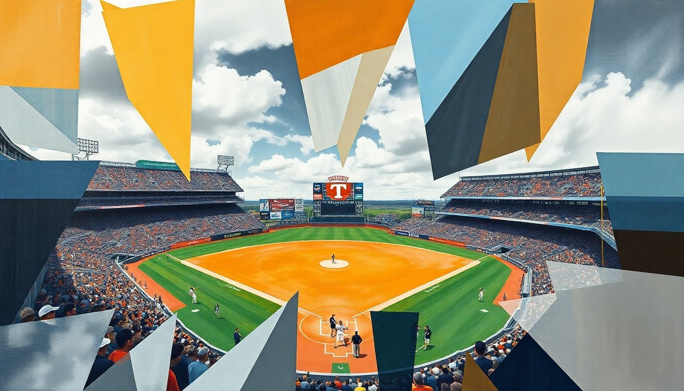 A cubist-style painting depicting a college baseball game, with players and the field broken down into overlapping geometric shapes and planes in shades of blue, green, and orange.