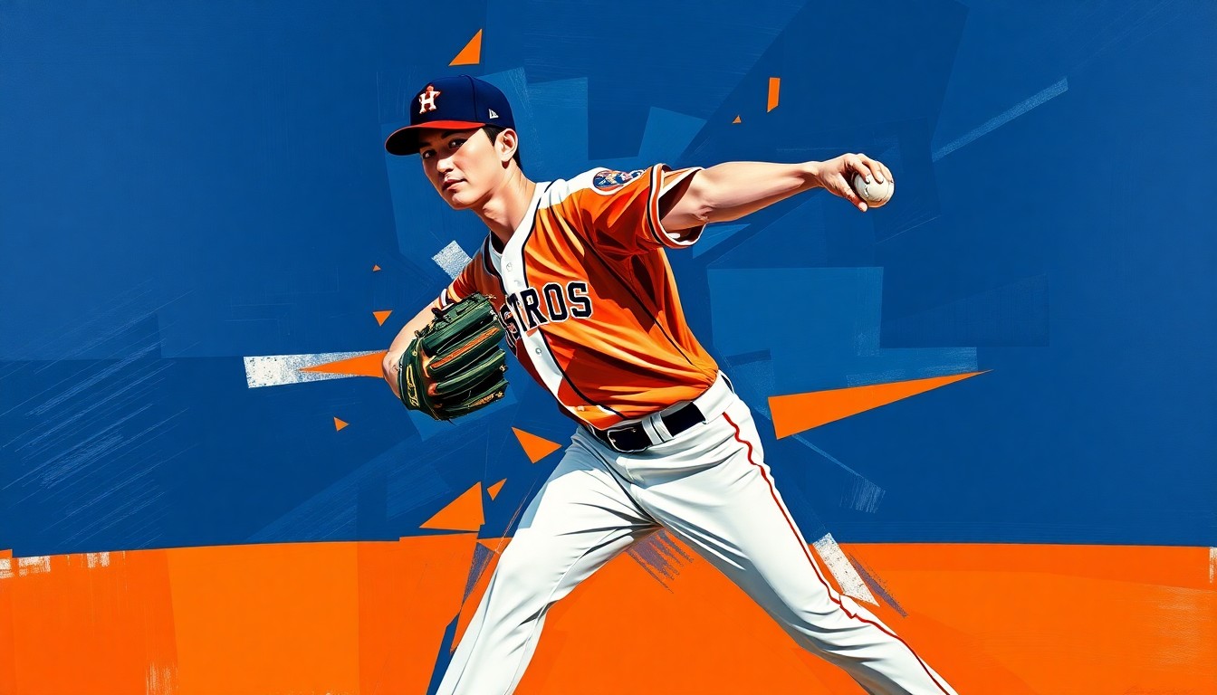 A fractured, multi-perspective painting in a cubist style, breaking down a baseball pitcher's motion into sharp, overlapping geometric shapes and planes in navy blue, orange, and white colors.