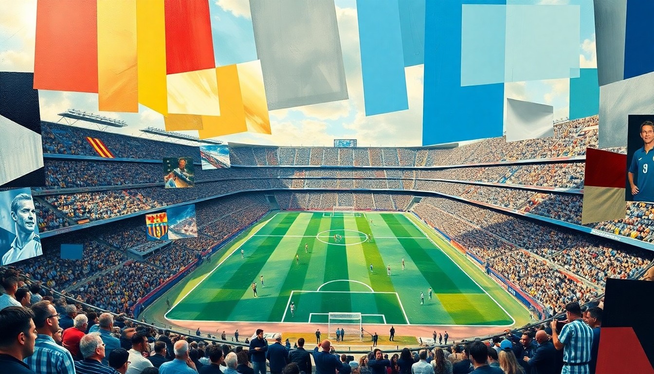 A cubist, geometric painting depicting a soccer match between Barcelona and Atlético Madrid, with the players and field broken down into sharp, overlapping shapes and planes of color, capturing the unpredictable nature of the game.